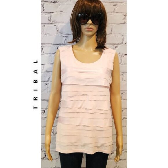 Tribal Tops - TRIBAL, Light pink pullover sleeveless ruffle layered blouse